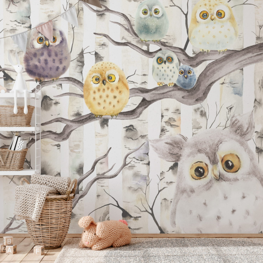 Çocuk Odası İçin Baykuşlu Duvar Kağıdı