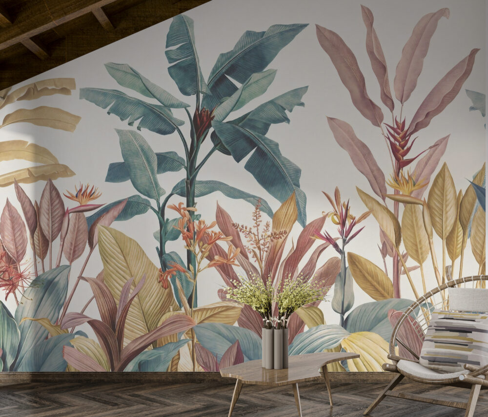 Renkli Tropikal Ağaçlı 3D Duvar Kağıdı