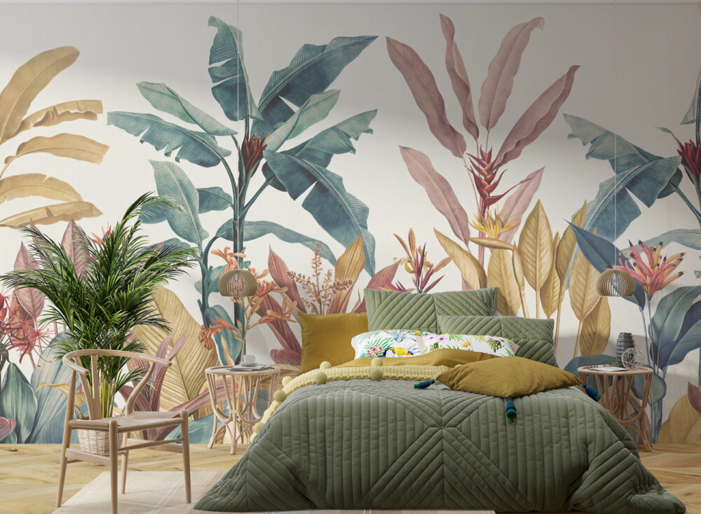Renkli Tropikal Ağaçlı 3D Duvar Kağıdı