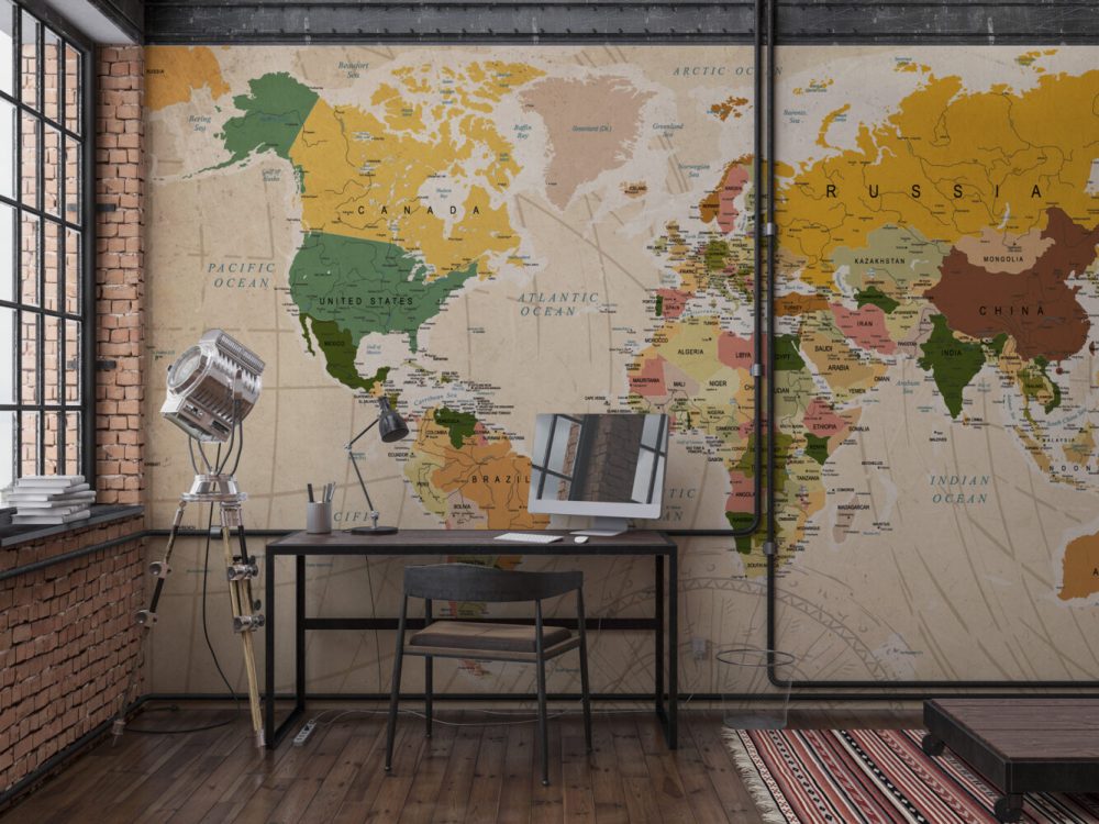 Kahve Tonlarda Dünya Haritası Duvar Kağıdı