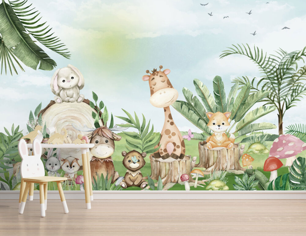 Ormandaki Sevimli Hayvanlar 3D Çocuk Duvar Kağıdı