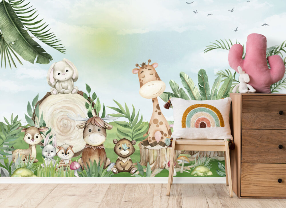 Ormandaki Sevimli Hayvanlar 3D Çocuk Duvar Kağıdı