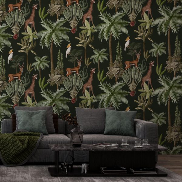 Tropikal Desenli Zürafa ve Kuşlu 3D Duvar Kağıdı