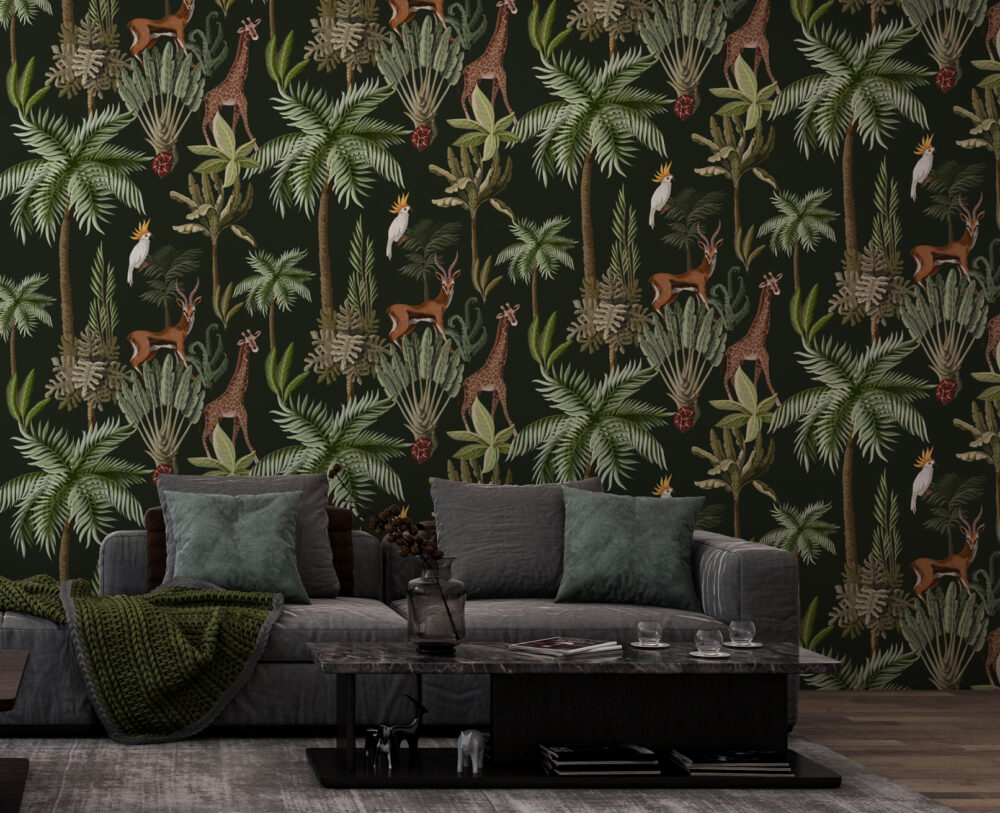 Tropikal Desenli Zürafa ve Kuşlu 3D Duvar Kağıdı