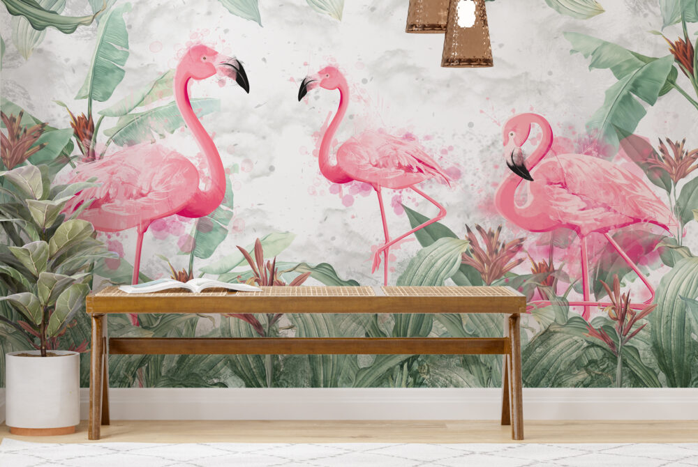 Yeşillerin İçindeki Flamingo Desenli 3D Duvar Kağıdı