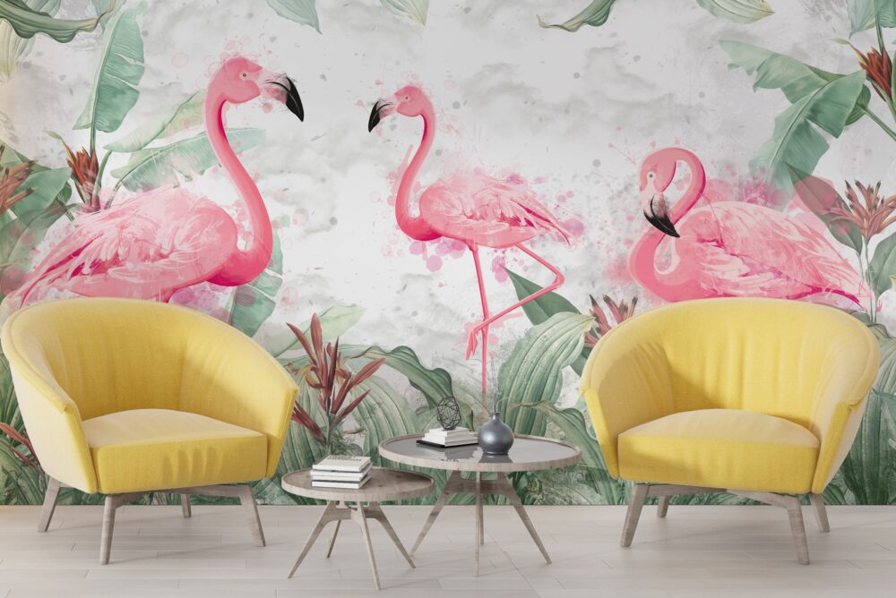 Yeşillerin İçindeki Flamingo Desenli 3D Duvar Kağıdı
