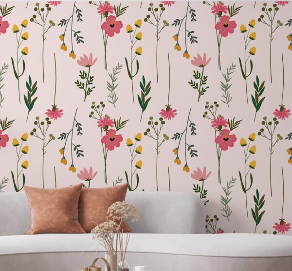 Taneli Çiçek Desenli Pembe Renginde Duvar Kağıdı