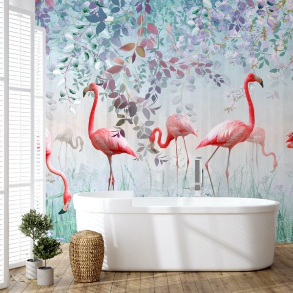 Çiçek Üzerindeki Flamingolar 3D Duvar Kağıdı
