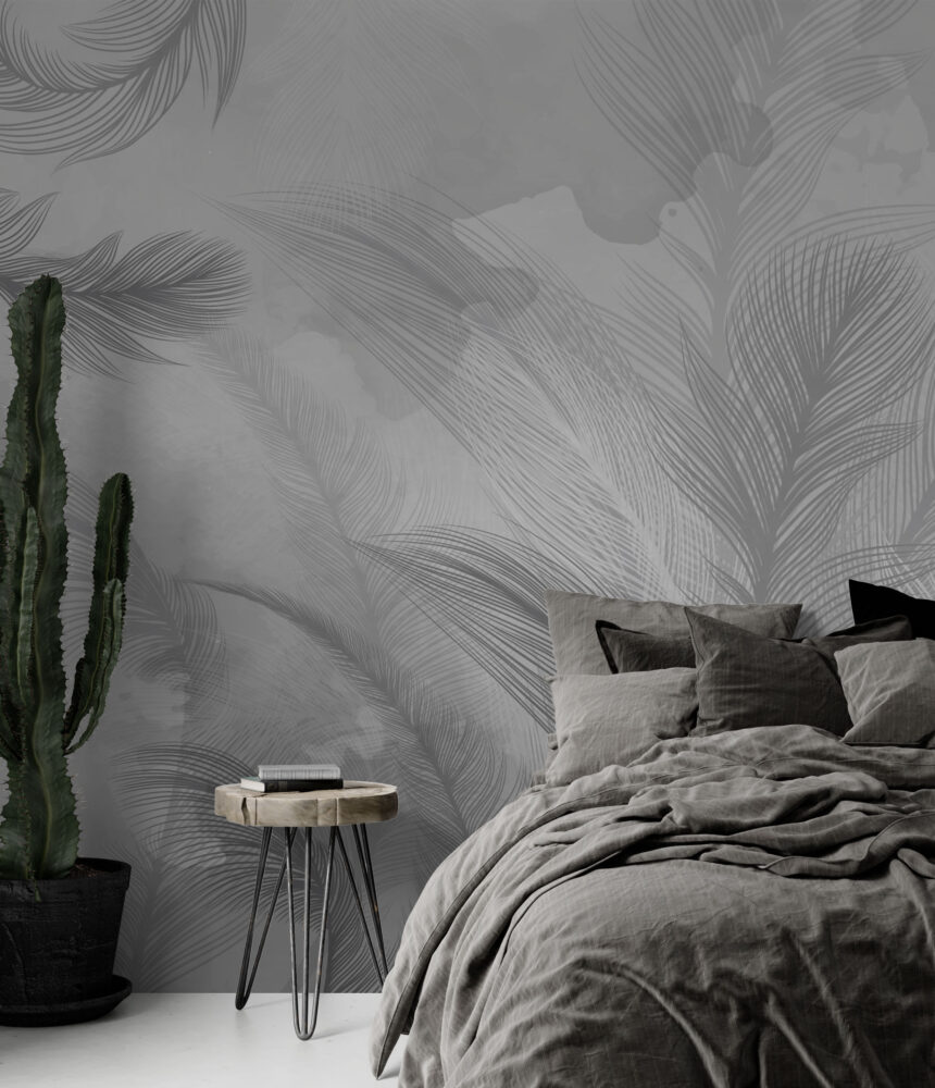 Siyah Beyaz Soft Tropikal Yapraklı Duvar Kağıdı