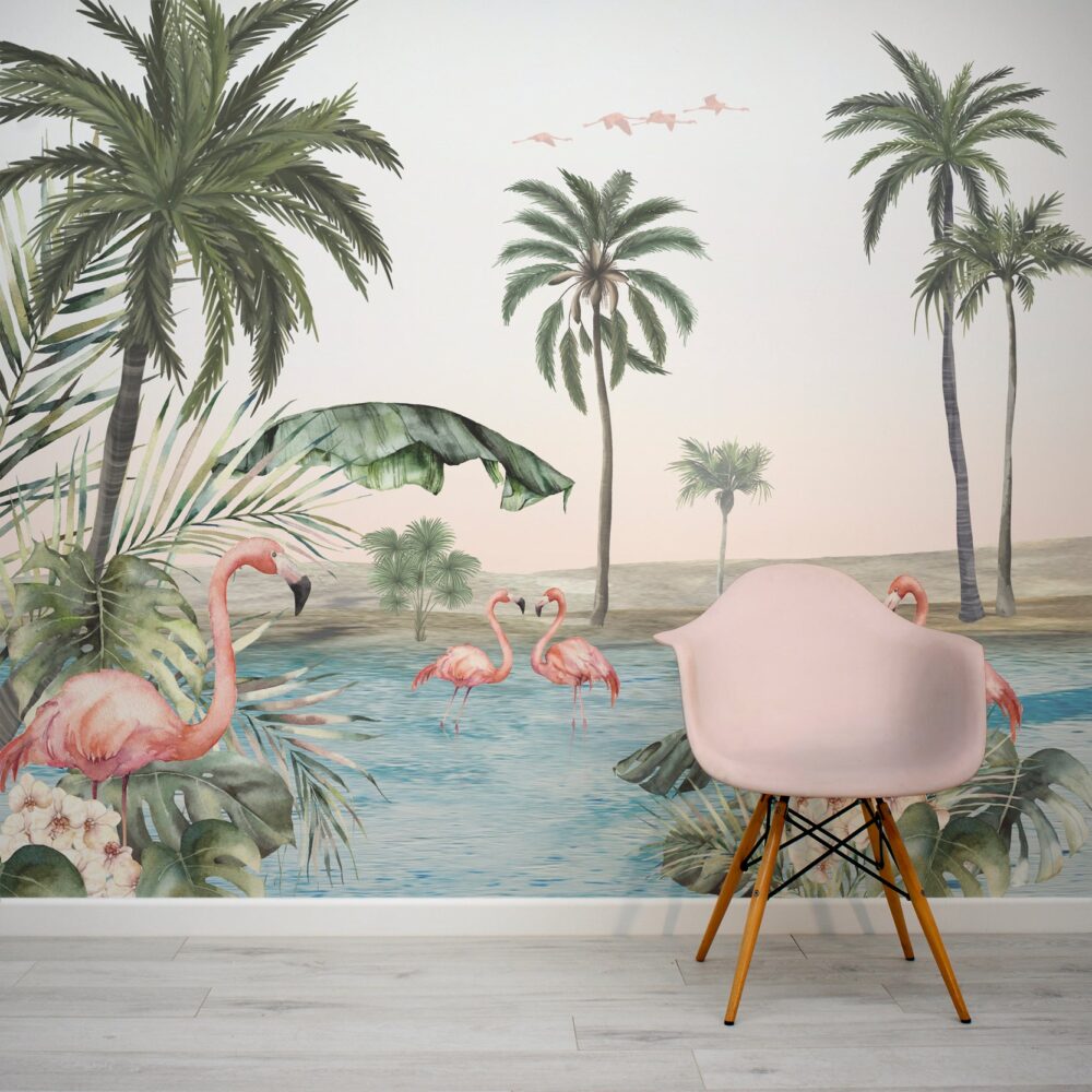 Flamingolu Tropikal Desenli Duvar Kağıdı