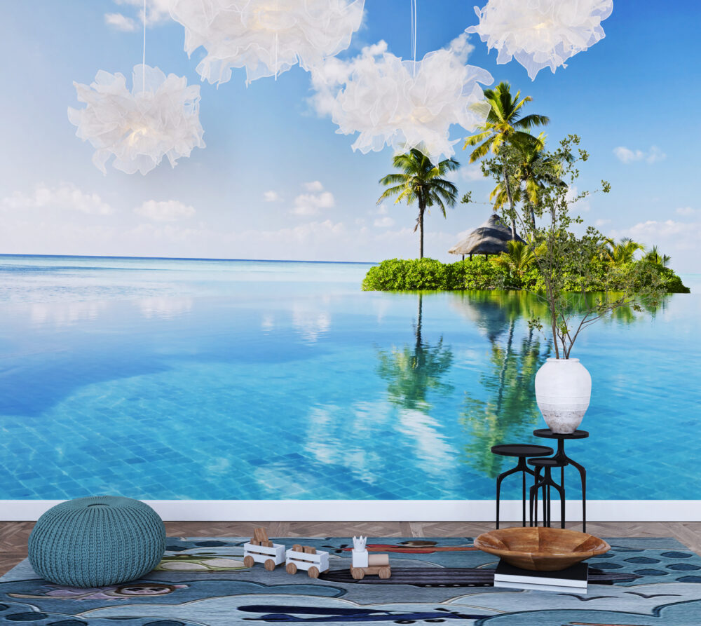 Okyanusun Ortasındaki Palmiye Ağaçlı Ada Manzarası 3D Duvar Kağıdı