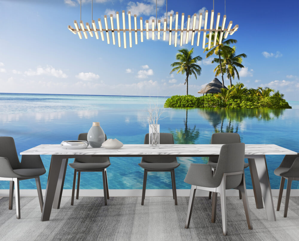 Okyanusun Ortasındaki Palmiye Ağaçlı Ada Manzarası 3D Duvar Kağıdı