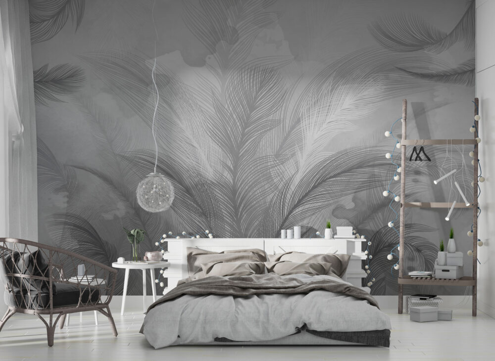 Siyah Beyaz Soft Tropikal Yapraklı Duvar Kağıdı