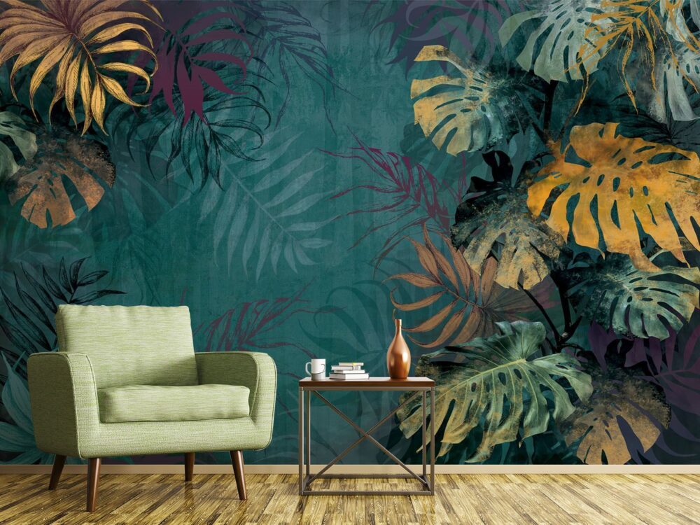 Petrol Renginden Tropikal Yaprak Desenli Duvar Kağıdı