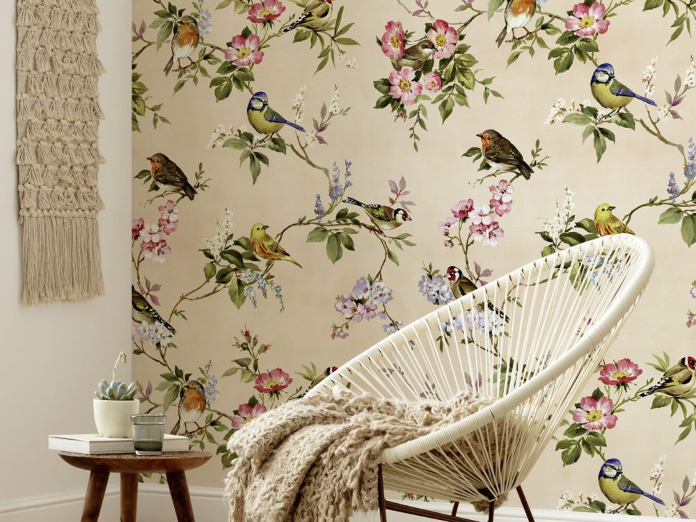 Kuş ve Çiçek Desenli Duvar Kağıdı