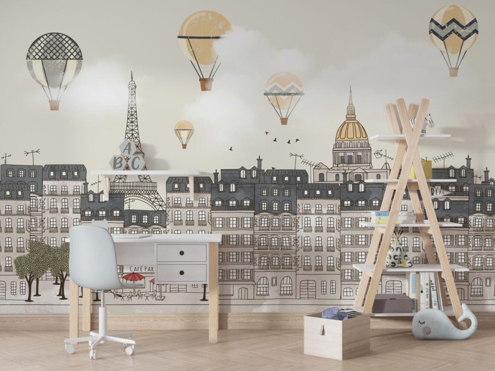 Paris Şehri Uçan Balonlu Duvar Kağıdı