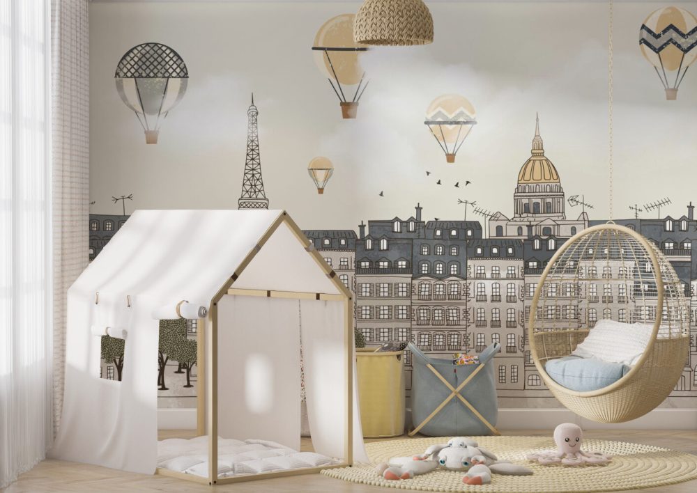 Paris Şehri Uçan Balonlu Duvar Kağıdı