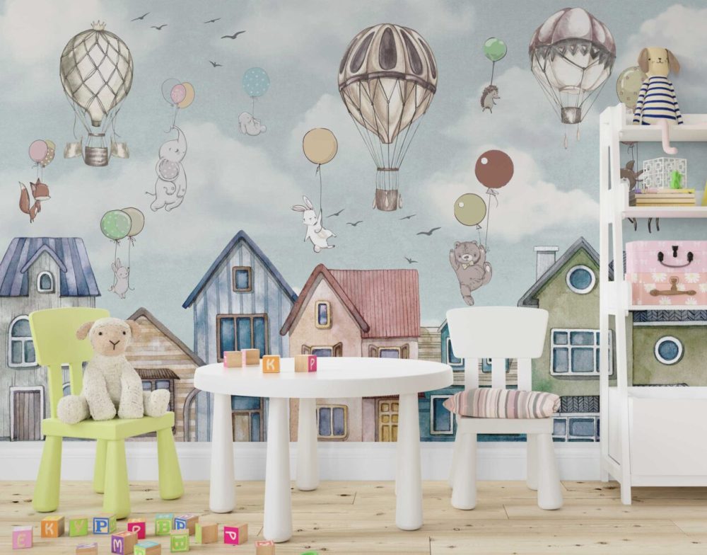 Evlerin Üzerindeki Balonla Uçan Hayvanlar Duvar Kağıdı