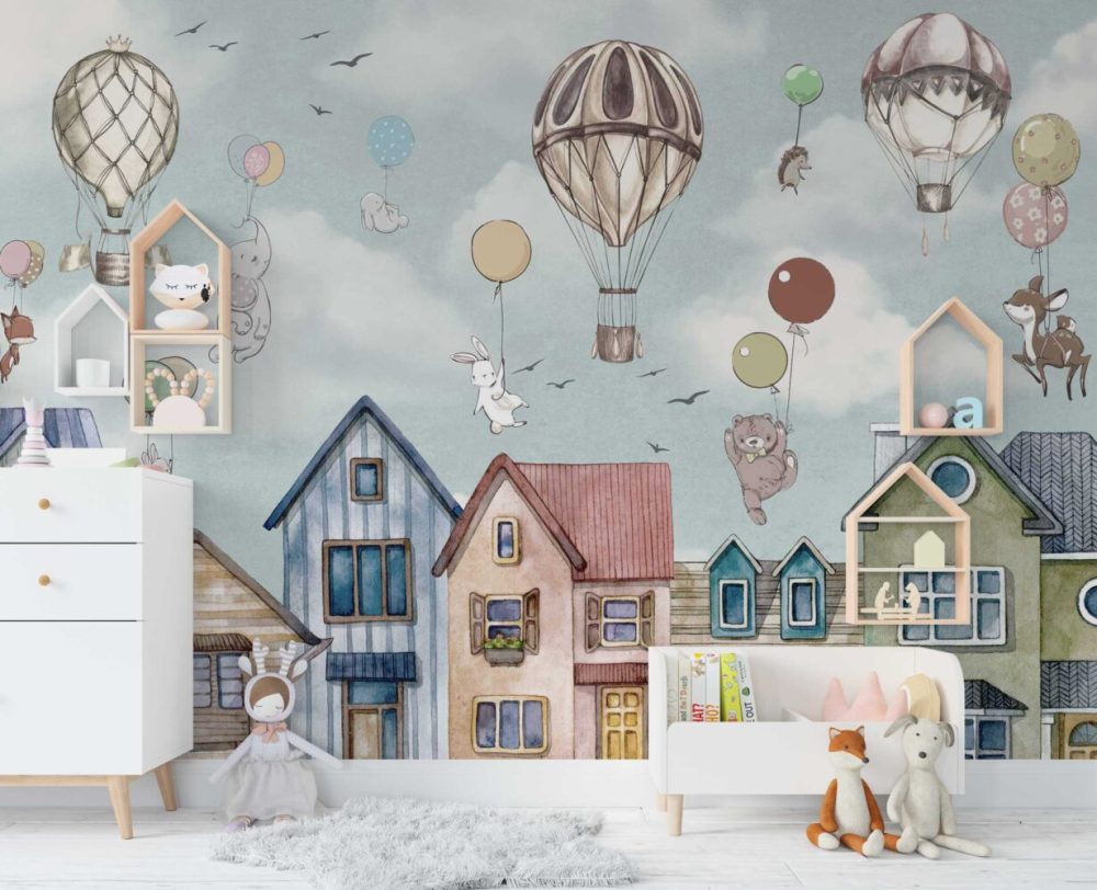 Evlerin Üzerindeki Balonla Uçan Hayvanlar Duvar Kağıdı
