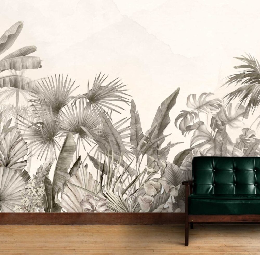 Sepya Tonları Büyük Tropikal Yapraklar Duvar Kağıdı