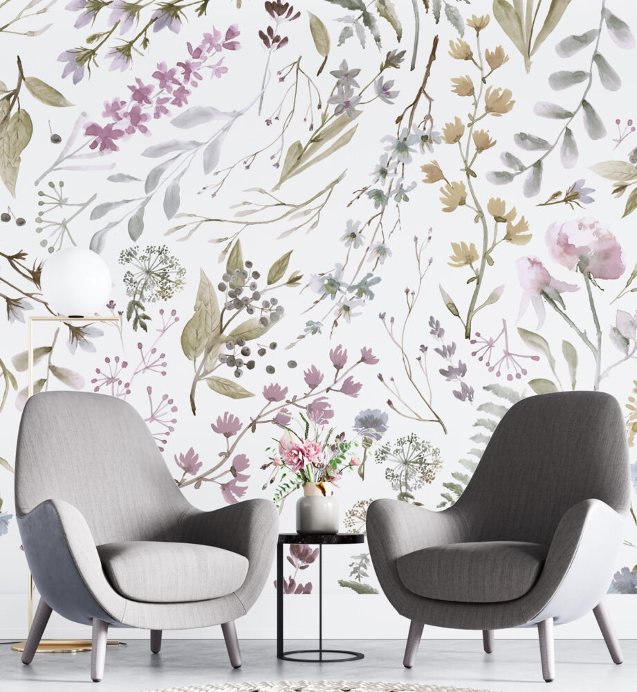 Sulu Boya Efektli Soft Çiçekler Duvar Kağıdı