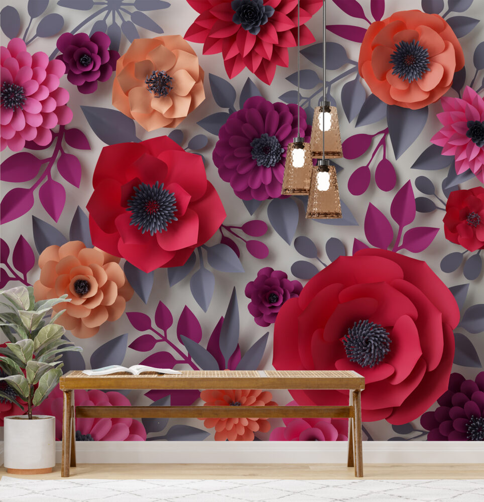 3D Renkli Çiçekler Duvar Kağıdı