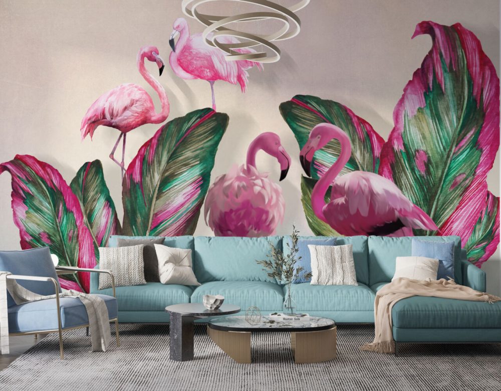 Flamingolar ve Tropikal Yapraklar Duvar Kağıdı