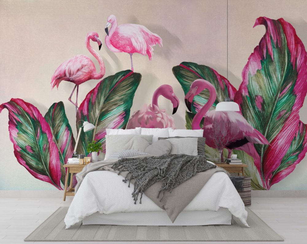 Flamingolar ve Tropikal Yapraklar Duvar Kağıdı