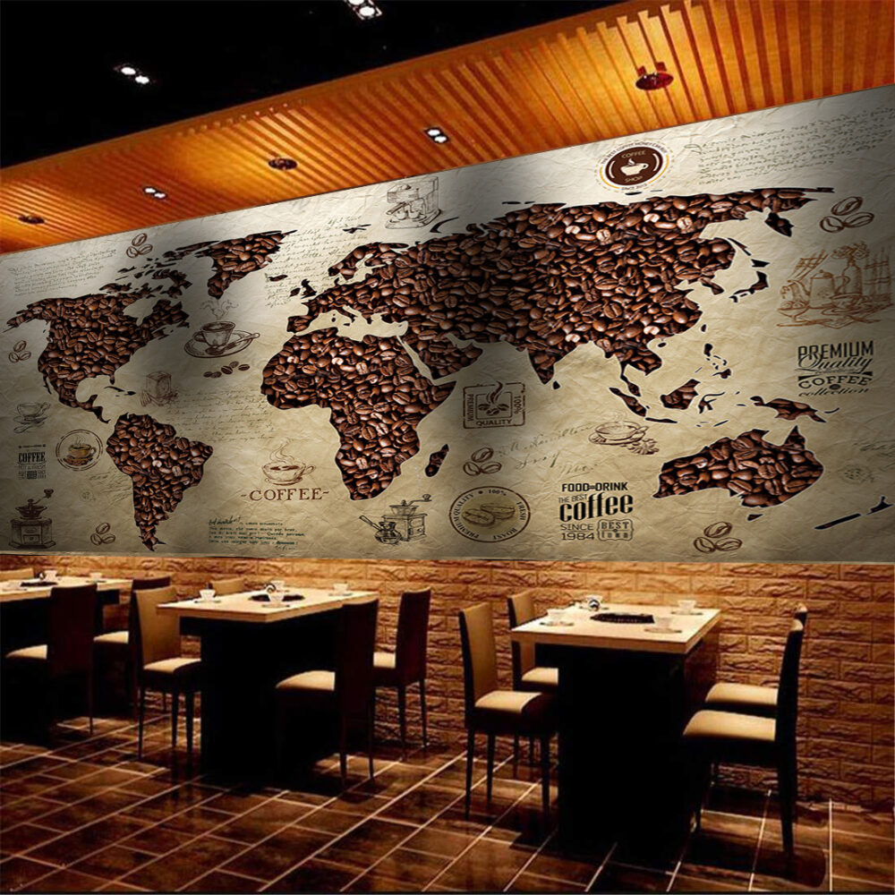 Kahve Çekirdekleri Desenli Dünya Haritası Duvar Kağıdı