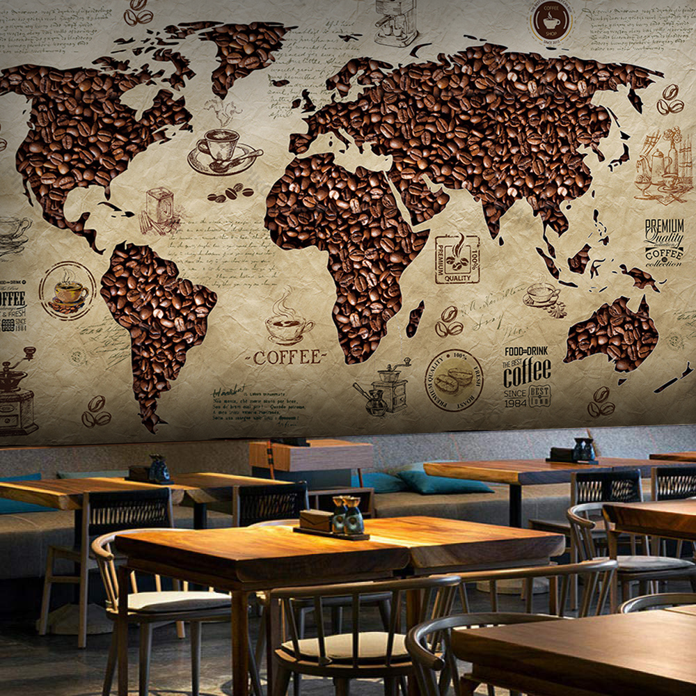 Kahve Çekirdekleri Desenli Dünya Haritası Duvar Kağıdı