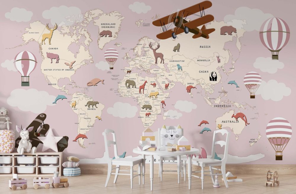Uçak ve Balonlu Dünya Haritası Duvar Kağıdı