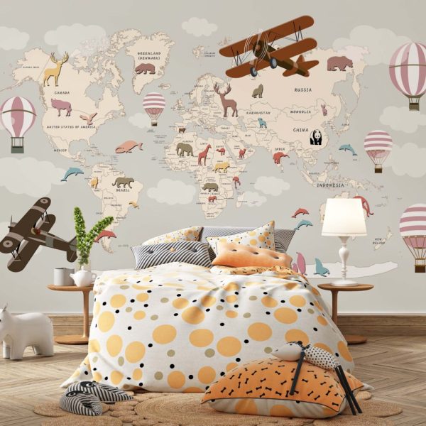 Uçak ve Balonlu Dünya Haritası Duvar Kağıdı