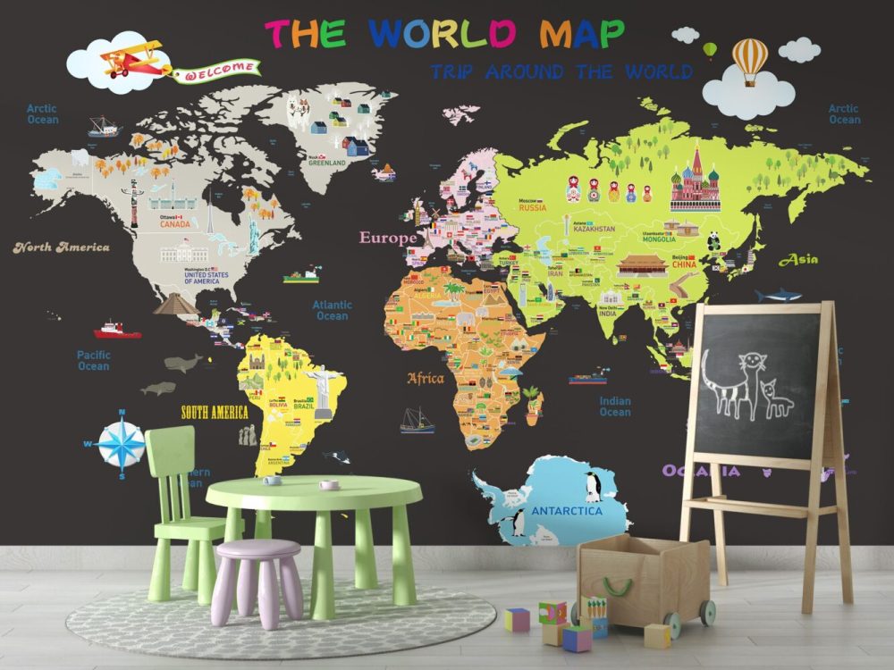 Çocuklar için Öğretici Dünya Haritası Duvar Kağıdı