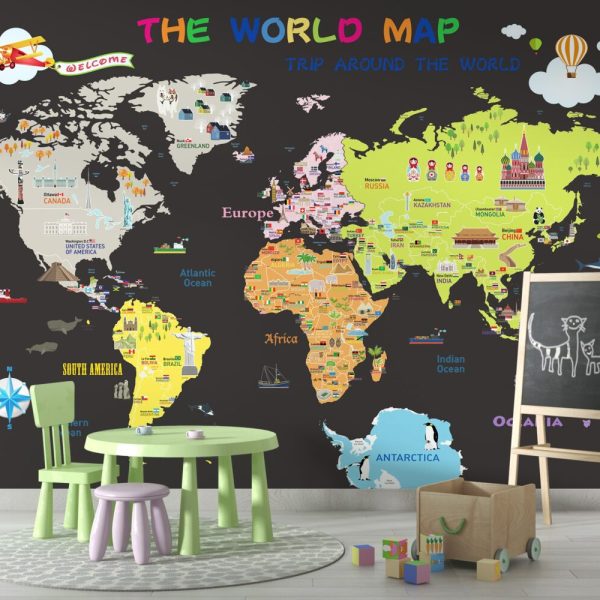 Çocuklar için Öğretici Dünya Haritası Duvar Kağıdı