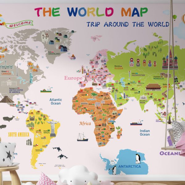 Pembe Zeminli Öğretici Dünya Haritası Duvar Kağıdı