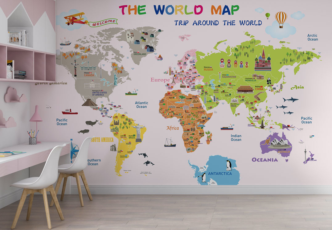 Pembe Zeminli Öğretici Dünya Haritası Duvar Kağıdı