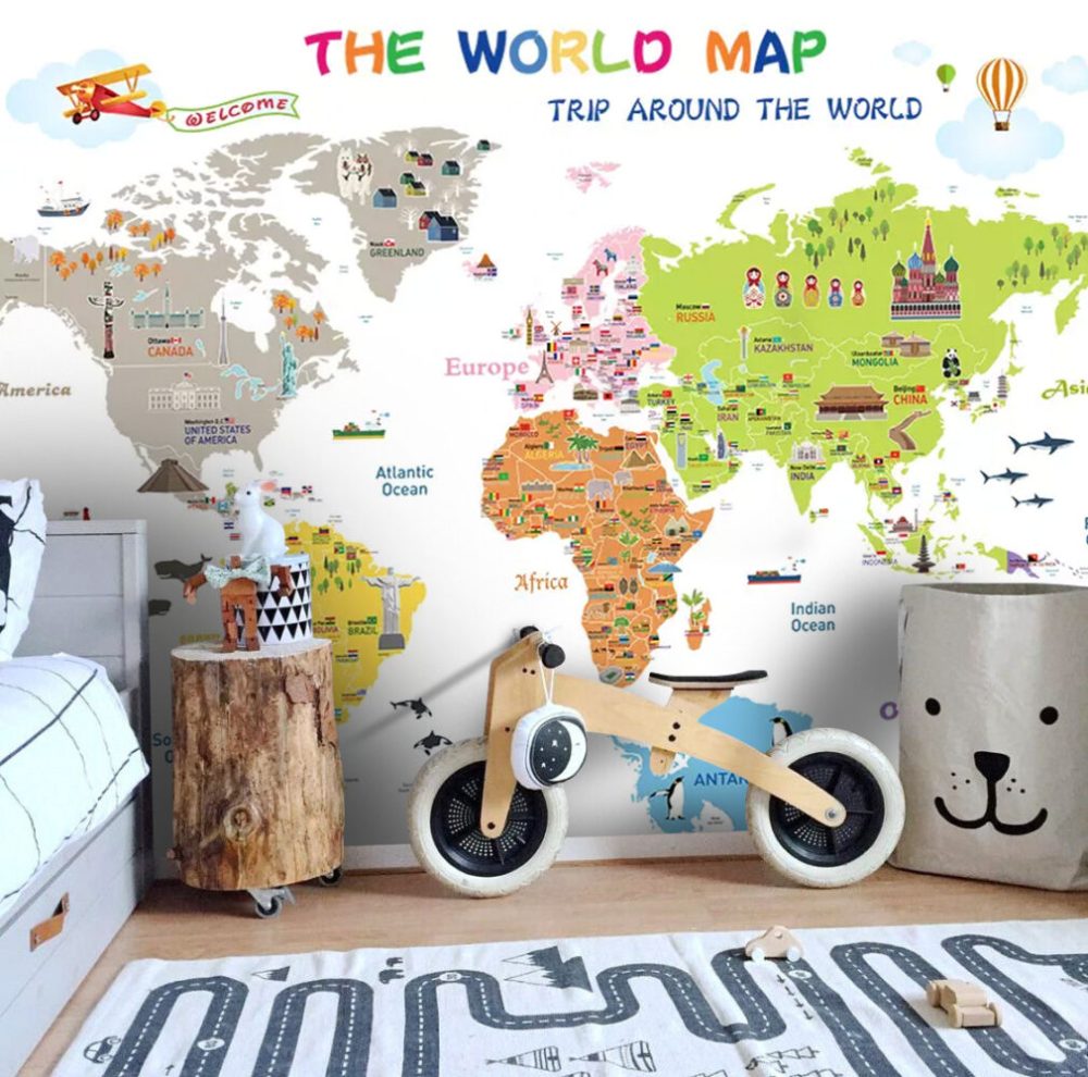 Renkli Çocuklar için Öğretici Dünya Haritası Duvar Kağıdı
