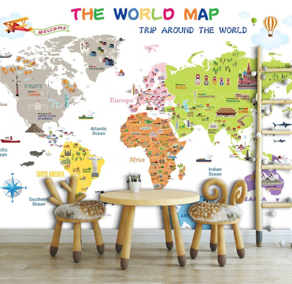 Renkli Öğretici Dünya Haritası Duvar Kağıdı