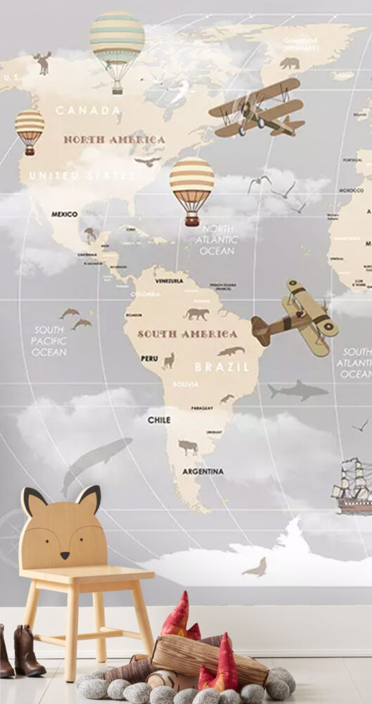 Uçaklar ve Balonlar Dünya Haritası Duvar Kağıdı