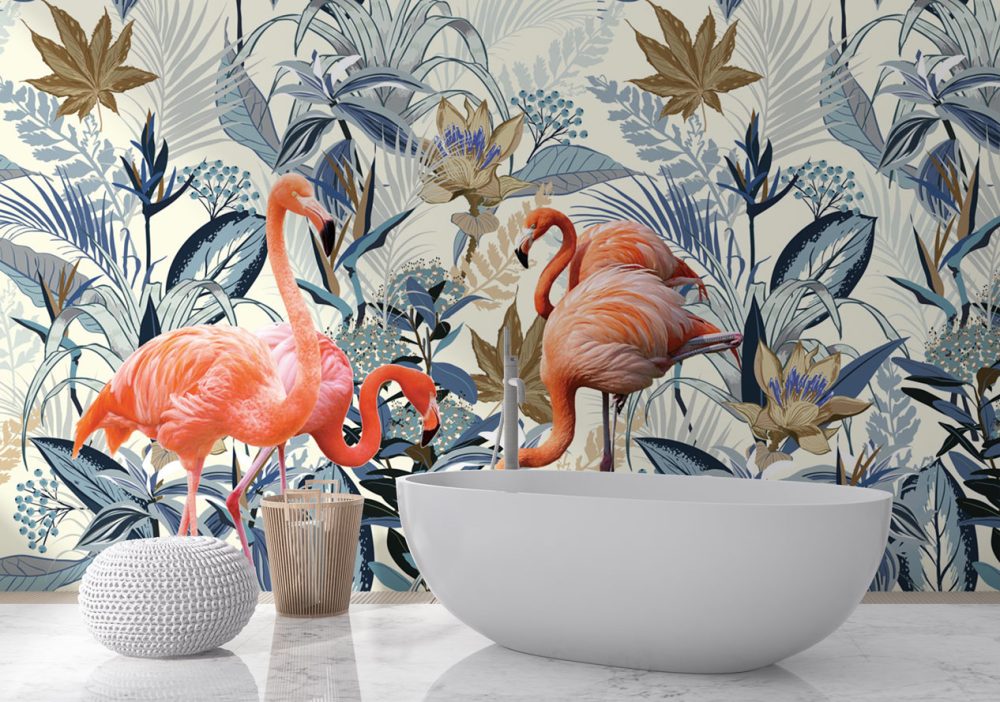 Flamingolar ve Mavi Çiçekler Duvar Kağıdı