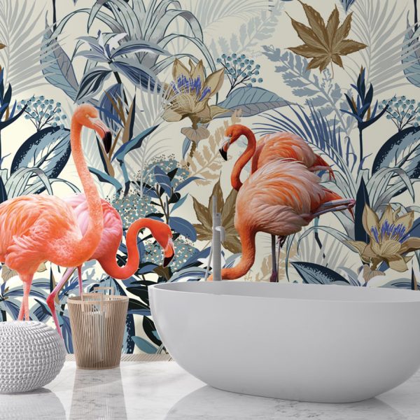Flamingolar ve Mavi Çiçekler Duvar Kağıdı