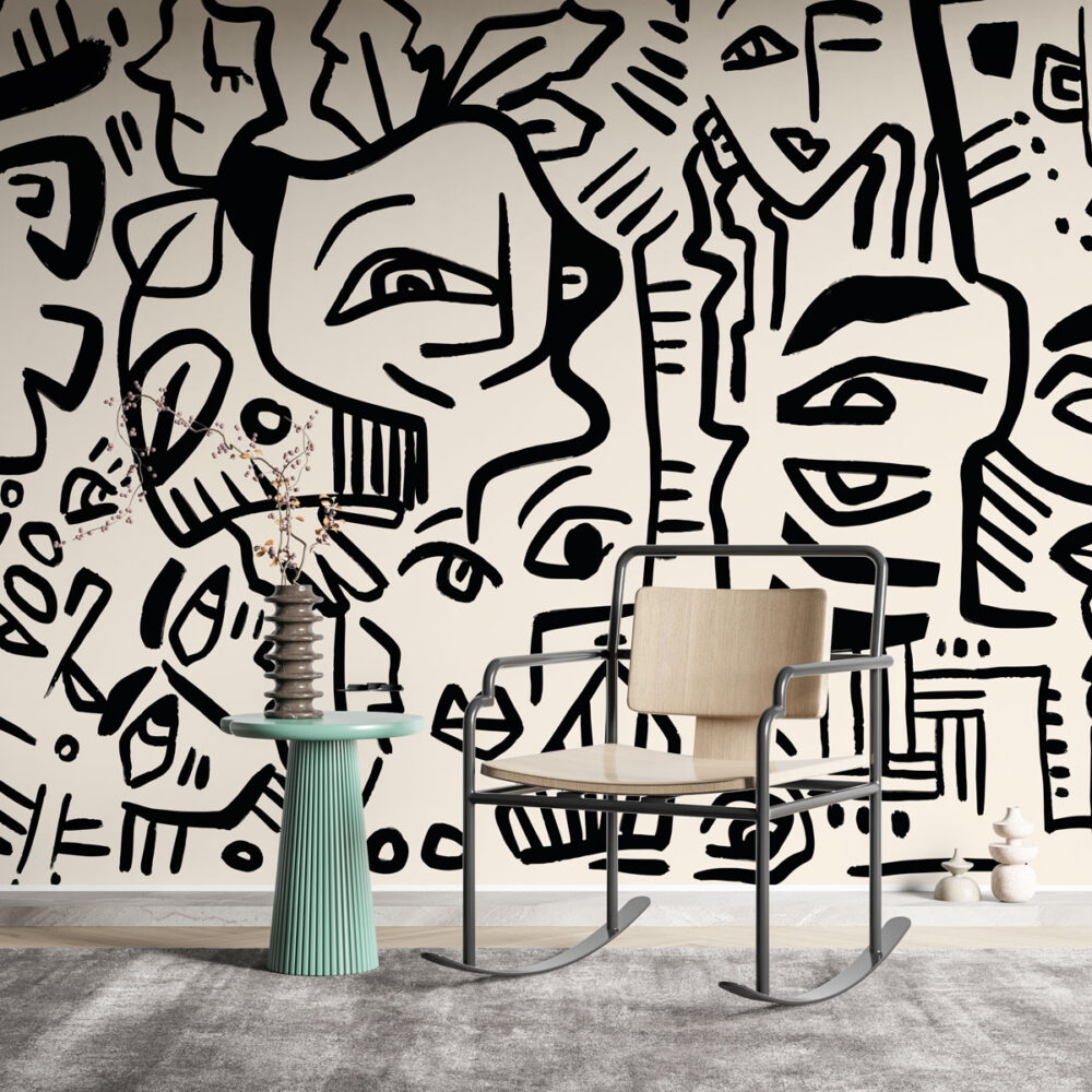 Çizgisel Yüz Motifleri Modern Duvar Kağıdı