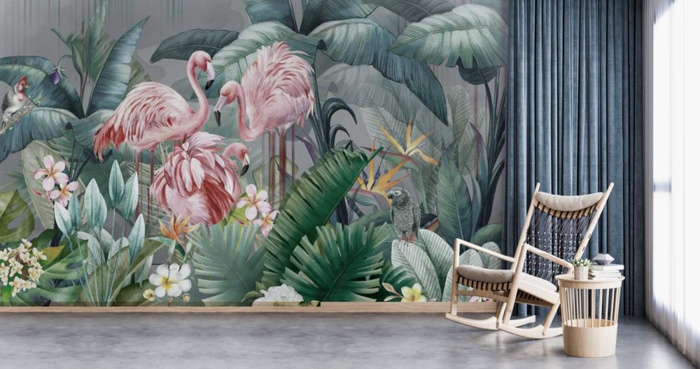 Tropikal Bahçede Flamingolu ve Papağanlı Duvar Kağıdı