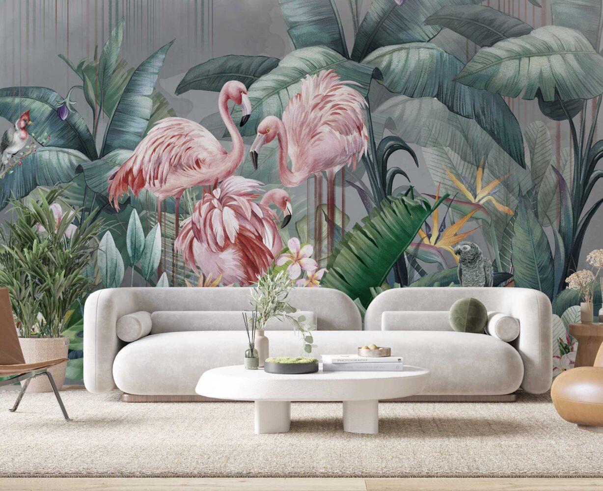 Tropikal Bahçede Flamingolu ve Papağanlı Duvar Kağıdı