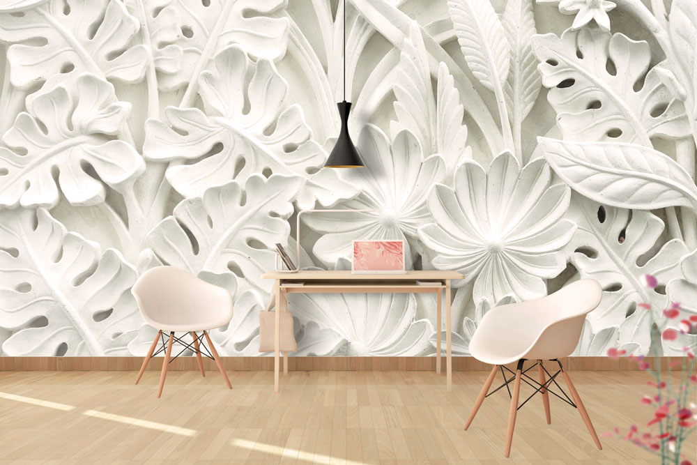 3D Görünümlü Kabartmalı Yaprak ve Çiçekler Duvar Kağıdı