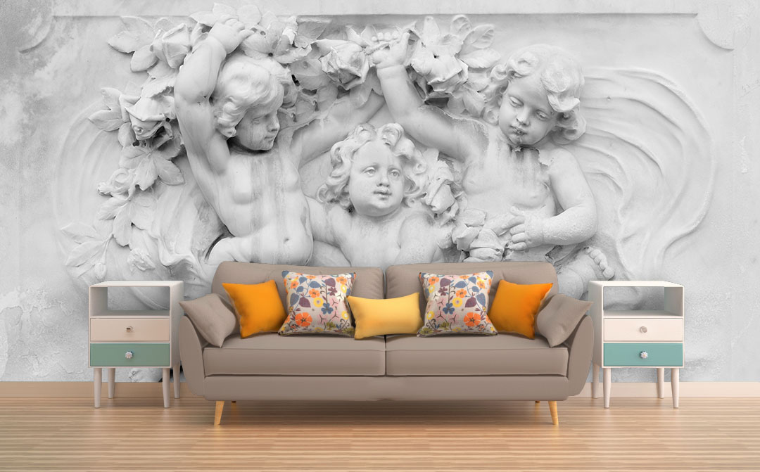 Melek Heykeli Figürleri Kabartma Görünümlü 3D Duvar Kağıdı