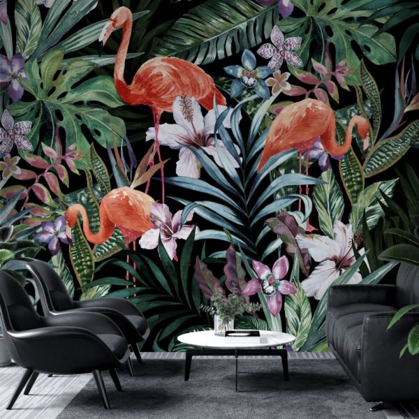 Koyu Renk Flamingo Figürlü Tropikal Duvar Kağıdı