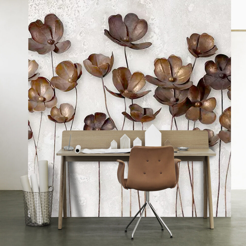 Kahverengi 3D Çiçekler Duvar Kağıdı
