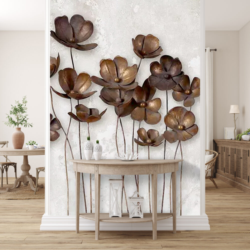 Kahverengi 3D Çiçekler Duvar Kağıdı