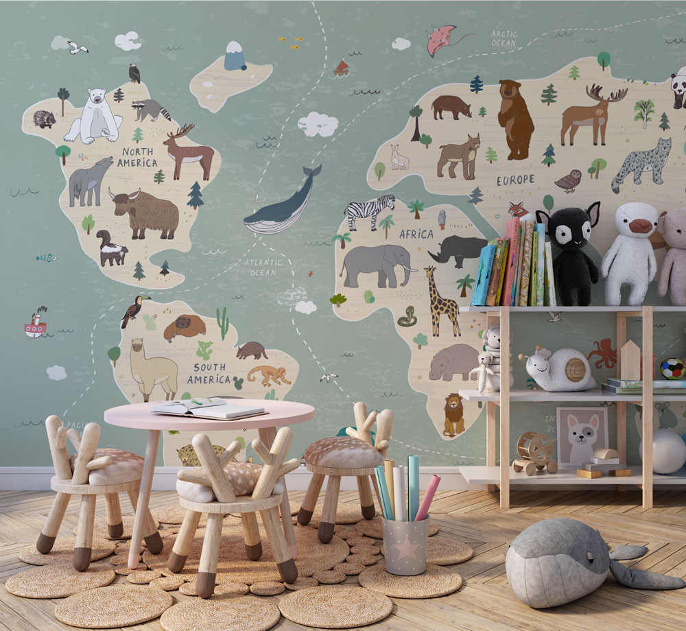 Turkuaz Hayvanlı Çocuk Dünya Haritası Duvar Kağıdı